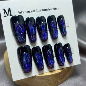 Custom Black & Blue Gem 3D Press-On Nails Glitter handmade reusable medium NWT
